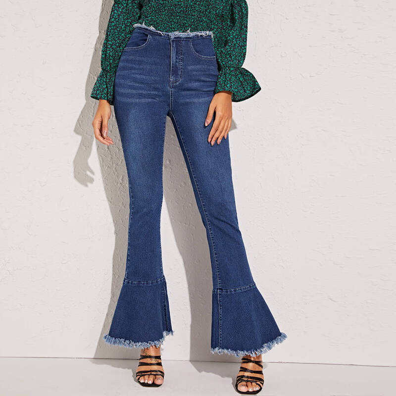 

Raw Hem Dark Wash Flare Leg Jeans, Blue