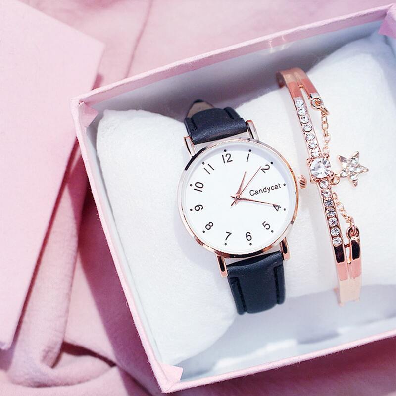 

1pc Pu Strap Quartz Watch & 1pc Bracelet