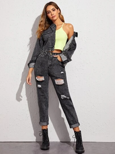 dark wash ripped mom jeans