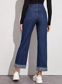 High Waist Straight Leg Jeans Without Bag - Navy Blue - View 2