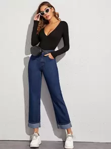 High Waist Straight Leg Jeans Without Bag - Navy Blue - View 1