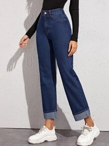 High Waist Straight Leg Jeans Without Bag - Navy Blue - View 4