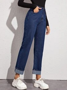 High Waist Straight Leg Jeans Without Bag - Navy Blue - View 5