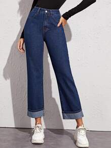 High Waist Straight Leg Jeans Without Bag - Navy Blue - View 3