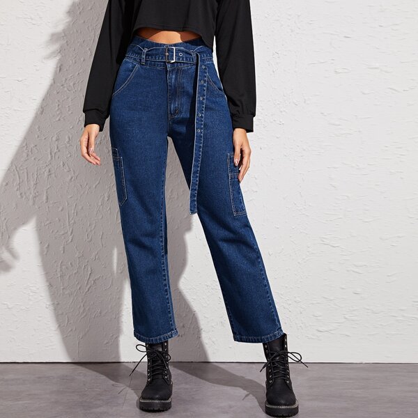 

Adjustable Belt Straight Leg Jeans, Navy