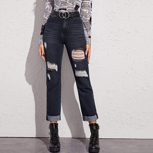 

Ripped Detail Straight Leg Jeans Without Belt, Black