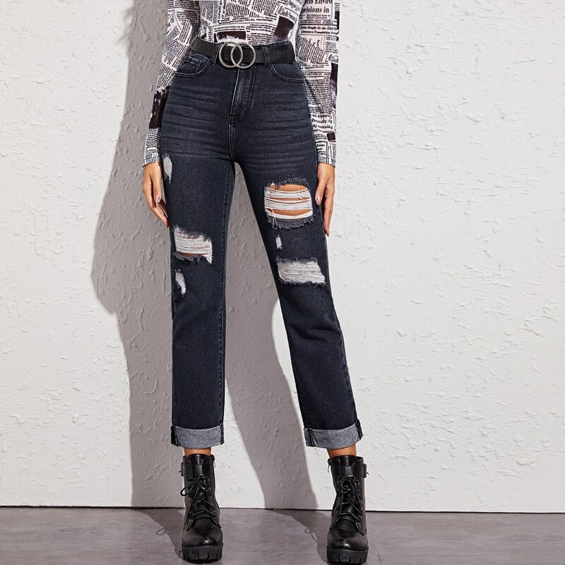 

Ripped Detail Straight Leg Jeans Without Belt, Black