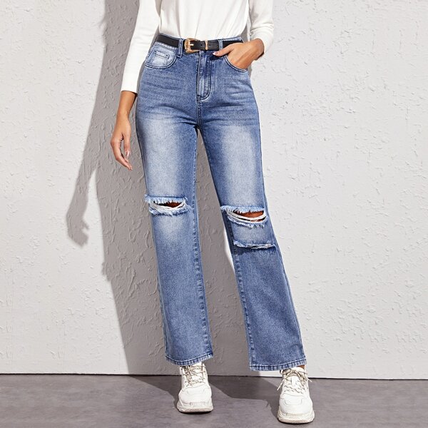 

Bleach Wash Ripped Straight Leg Jeans Without Belt, Blue