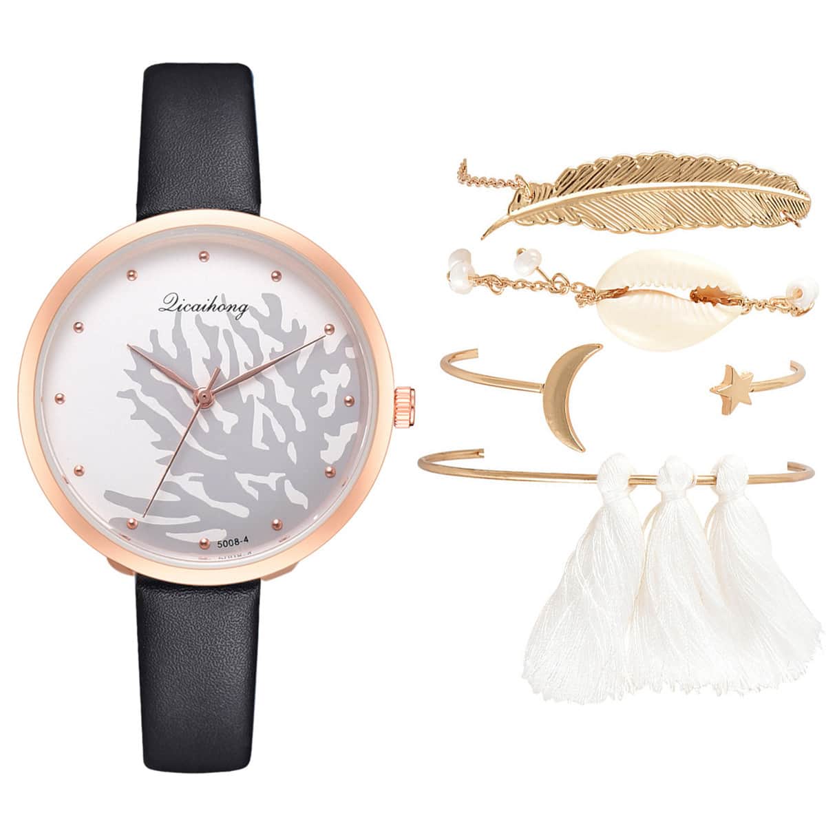 

1pc Pu Thin Strap Quartz Watch & 4pcs Bracelet