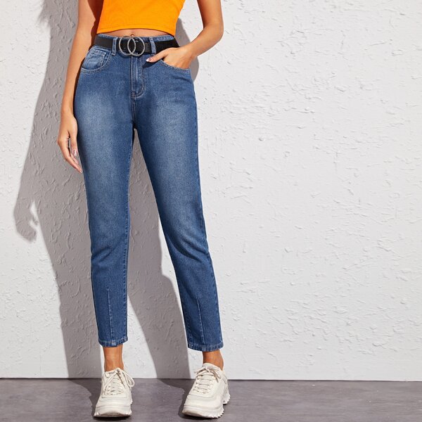 

Bleach Wash Fold Stitch Hem Jeans Without Belt, Blue