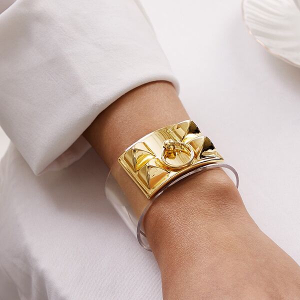 

1pc Studded & Ring Decor Wide Transparent Bracelet, Gold