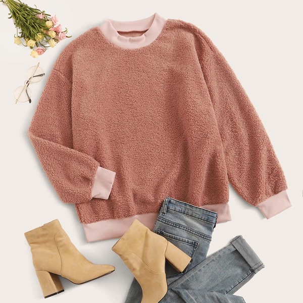 

Drop Shoulder Contrast Teddy Sweatshirt