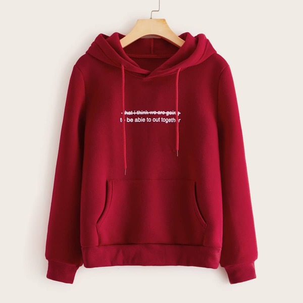 

Slogan Graphic Kangaroo Pocket Drawstring Hoodie, Burgundy