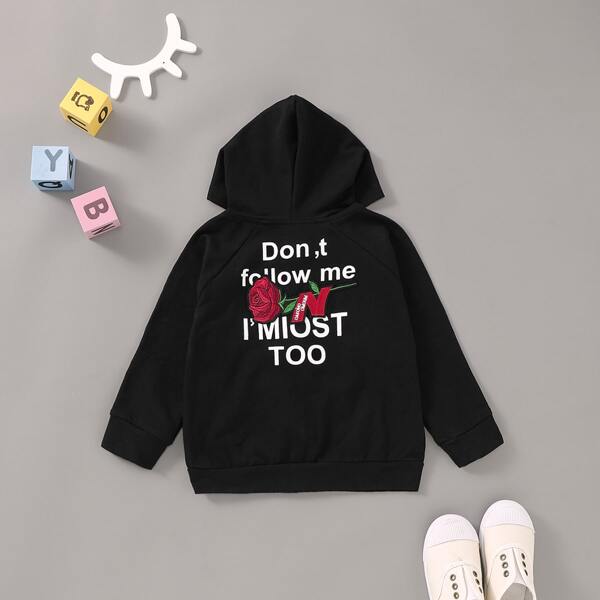 

Toddler Boys Rose Embroidery Slogan Graphic Hooded Jacket, Black