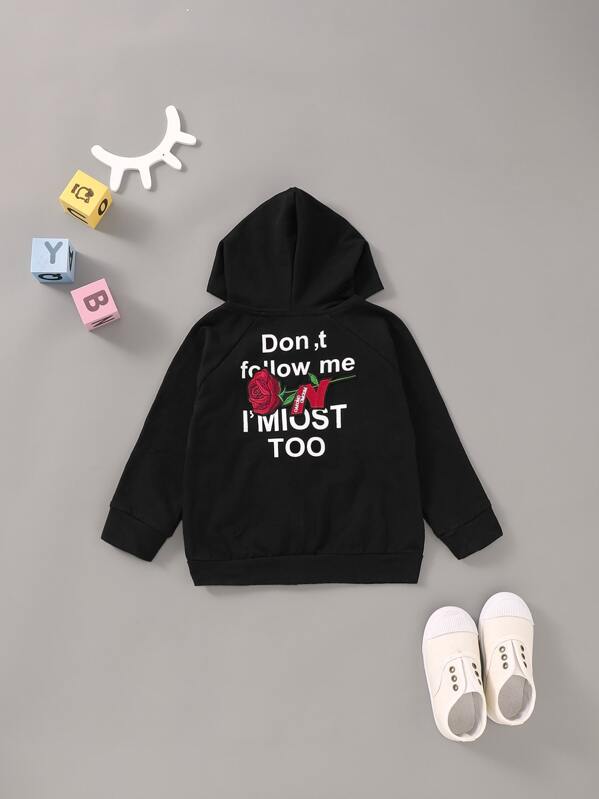 

Toddler Boys Rose Embroidery Slogan Graphic Hooded Jacket, Black