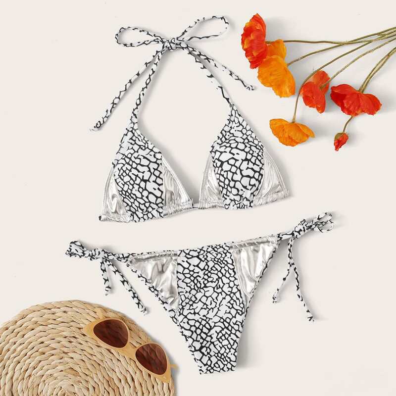 

Snakeskin & Metallic Halter Top With Tie Side Bikini, Multicolor