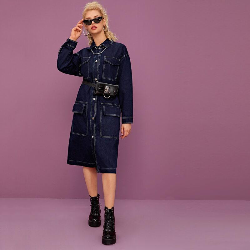 

Topstitching Pocket Front Longline Denim Coat Without Belt Bag, Navy