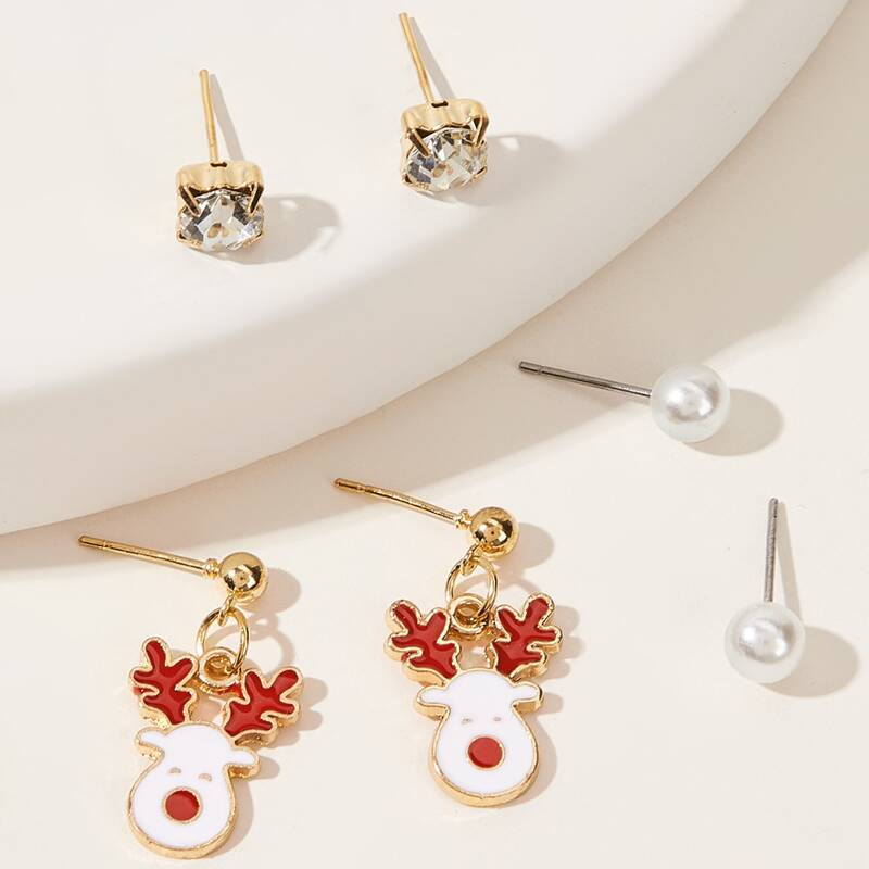 

3pairs Deer & Faux Pearl Decor Earrings, Gold