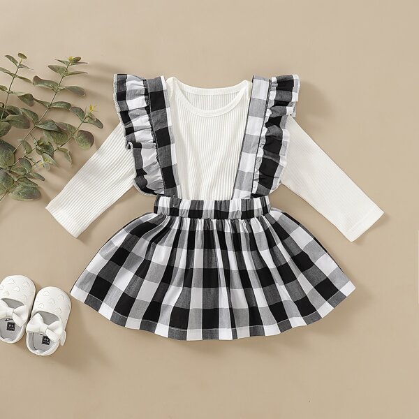 

Baby Girl Rib-knit Popper Romper With Gingham Pinafore Skirt, Black and white