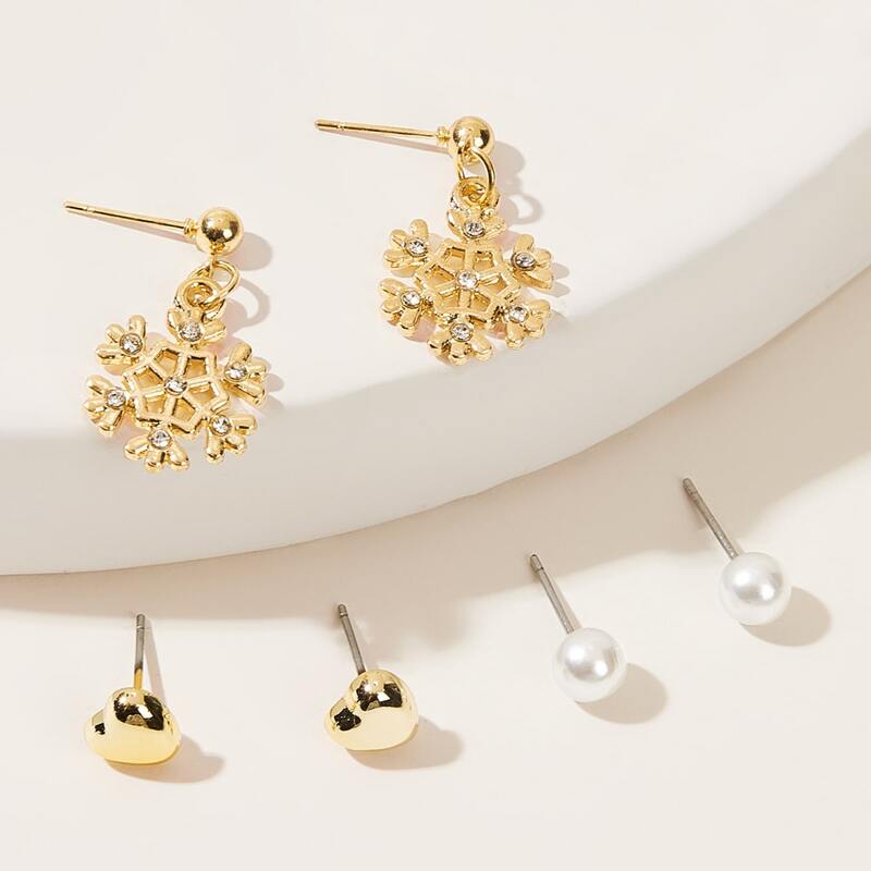 

3pairs Snowflake & Faux Pearl Decor Earrings, Gold