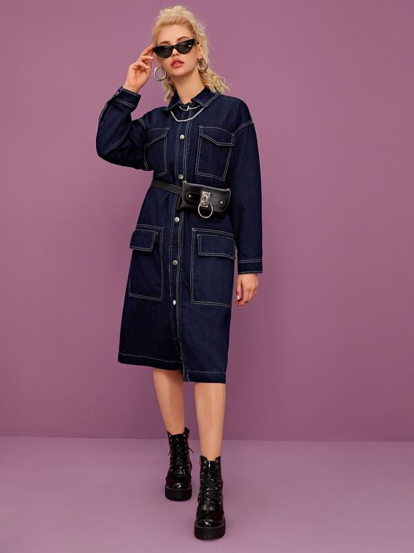 

Topstitching Pocket Front Longline Denim Coat Without Belt Bag, Navy, Kisa
