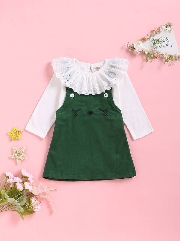 

Baby Girl Eyelet Embroidery Ruffle Romper & Corduroy Pinafore Dress, Multicolor
