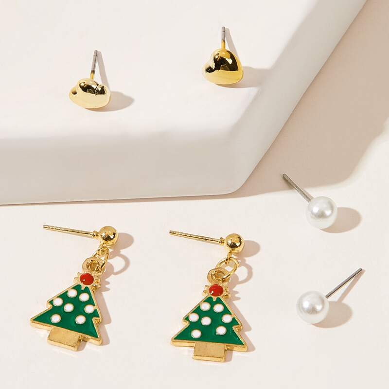 

3pairs Christmas Tree & Faux Pearl Decor Earrings, Multicolor