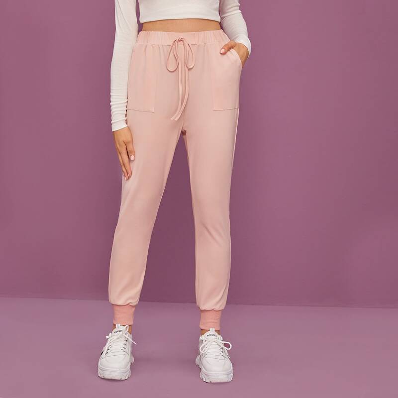 

Solid Slant Pocket Drawstring Waist Sweatpants, Pink
