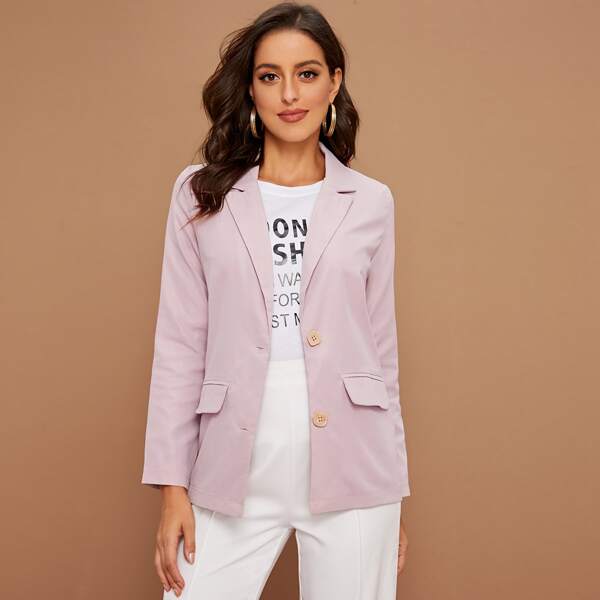 

Button Up Fake Flap Pocket Blazer, Pink pastel