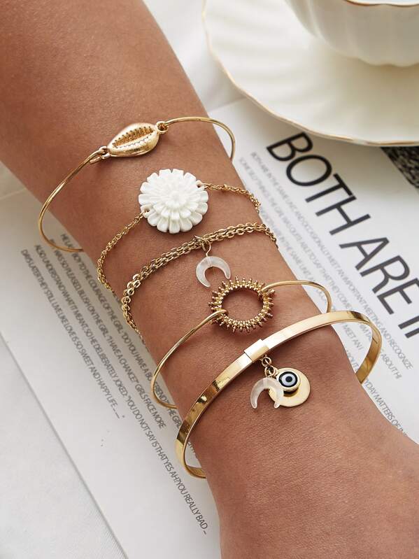 

5pcs Shell & Moon Charm Bracelet Set, Gold