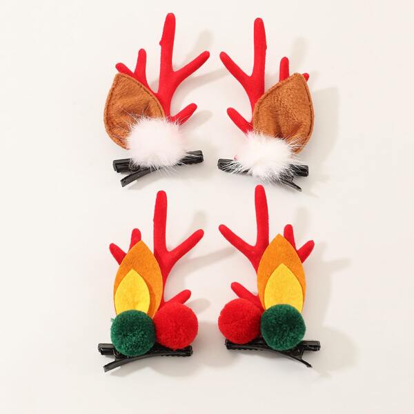 

2pairs Toddler Girls Christmas Antler & Pom Pom Decor Hair Clip, Multicolor