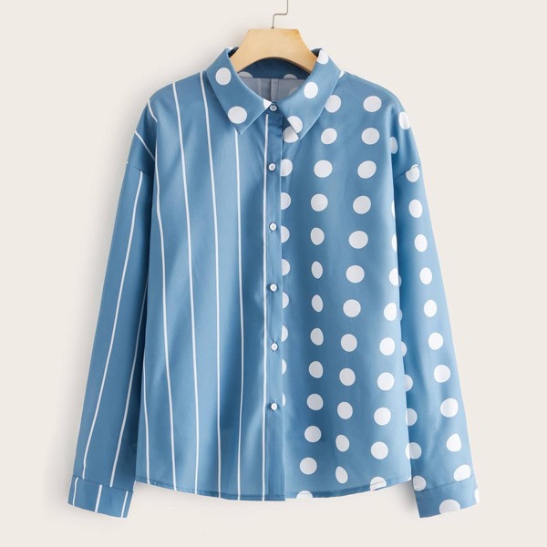 

Button Through Polked Dot And Striped Print Blouse, Blue