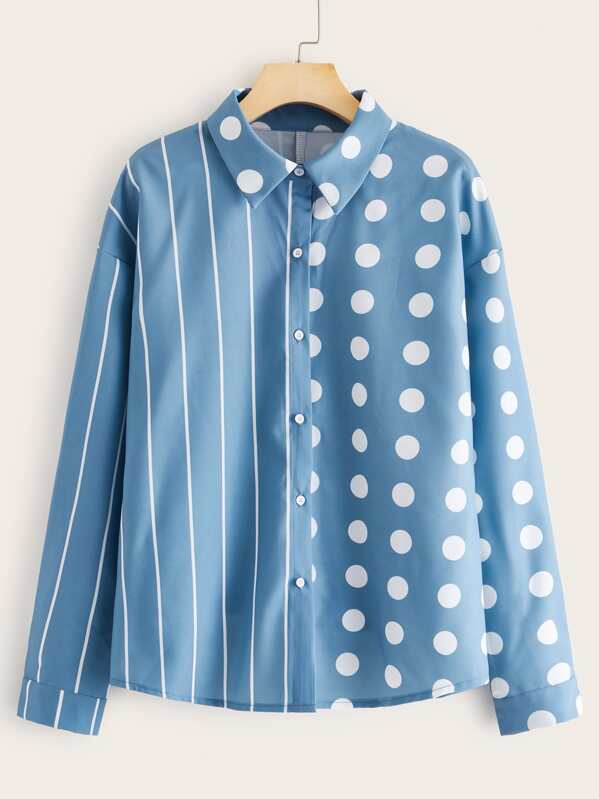 

Button Through Polked Dot And Striped Print Blouse, Blue