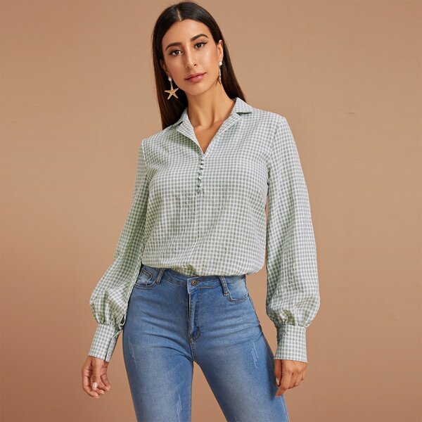 

Gingham Print Button Detail Blouse, Green pastel
