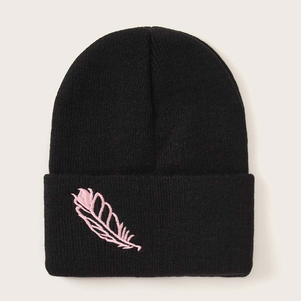 

Toddler Girls Leaf Embroidery Cuffed Beanie, Black
