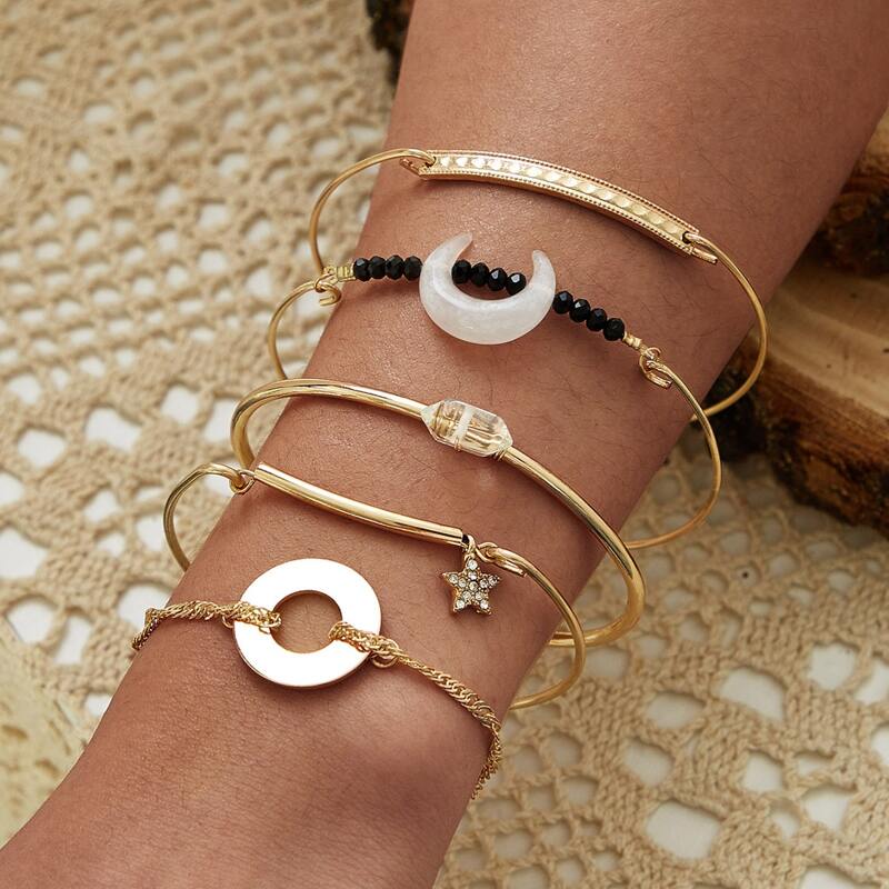 

5pcs Star & Moon Decor Bracelet Set, Gold