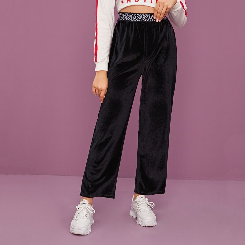 

Zebra Striped Waistband Velvet Straight Pants, Black