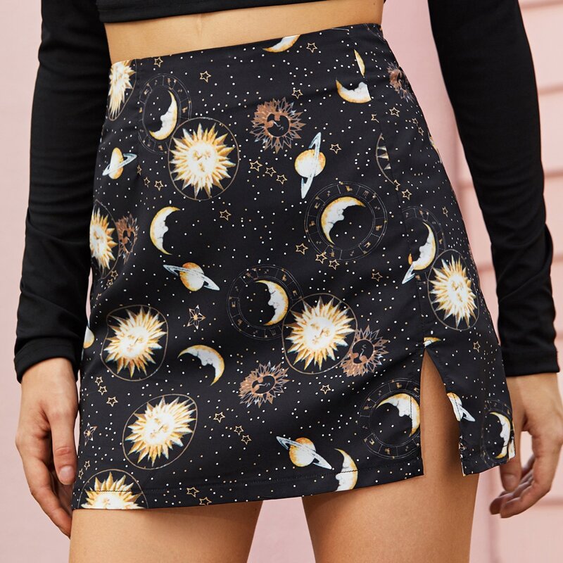 

Galaxy Print Slit Mini Skirt, Black