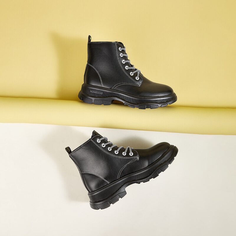 

Solid Lace-up Combat Boots, Black