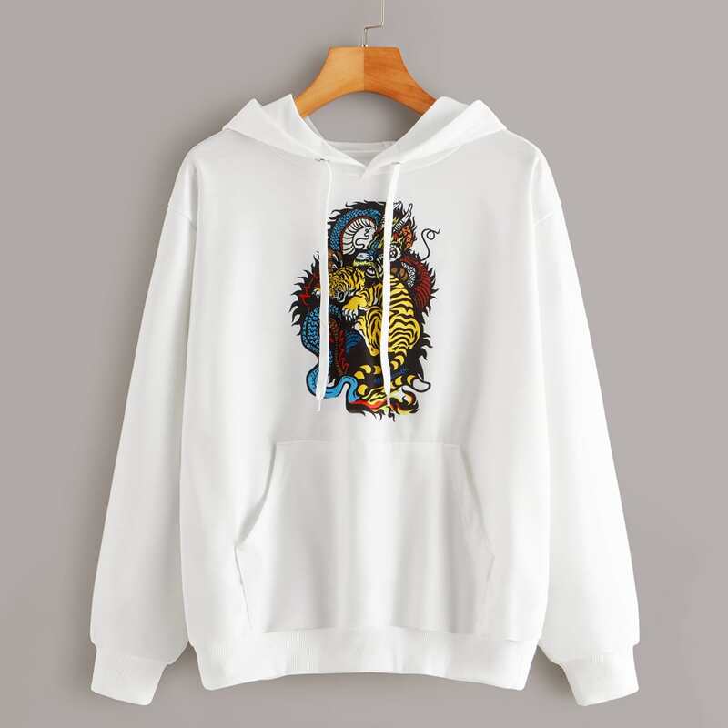 

Dragon & Tiger Print Kangaroo Pocket Drawstring Hoodie, White