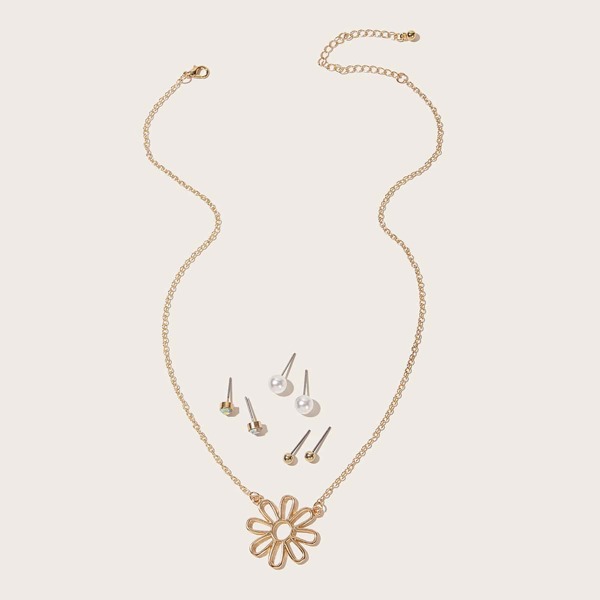

7pcs Toddler Girls Flower Charm Necklace & Earrings, Gold