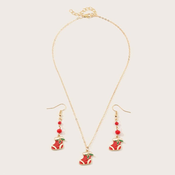 

3pcs Toddler Girls Christmas Socks Charm Necklace & Earrings, Gold