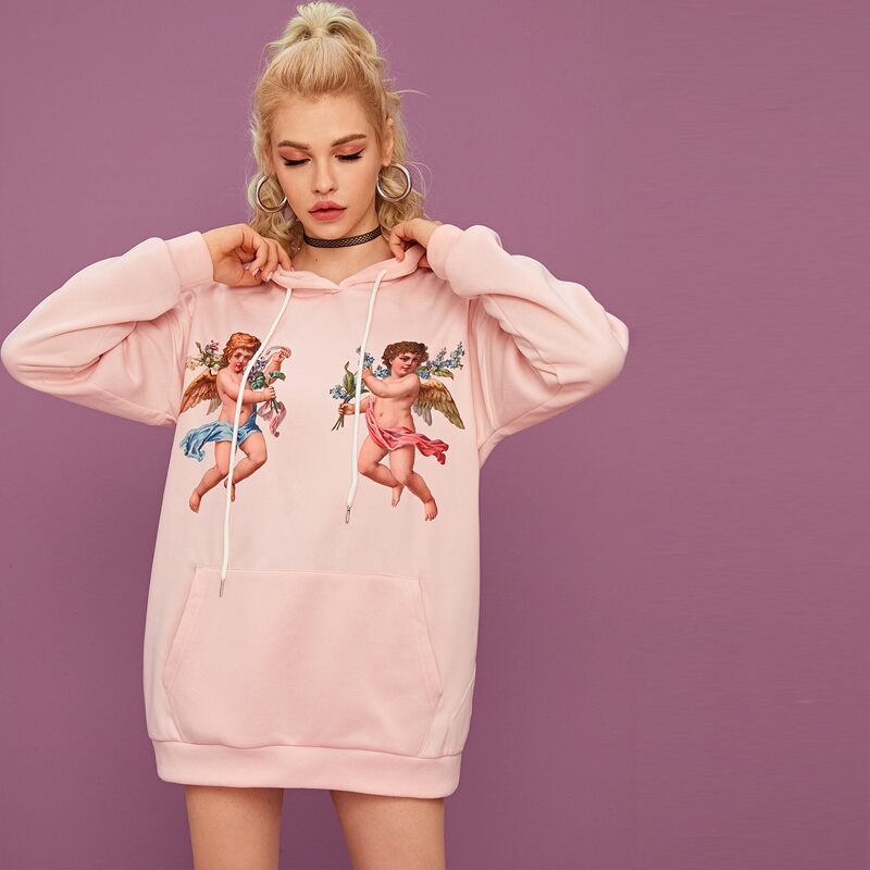 

Angel Print Oversized Pink Sweatshirt Dress
