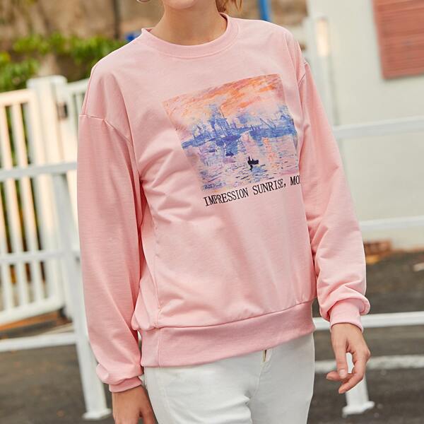 

Letter & Graphic Print Crew Neck Sweatshirt, Pink