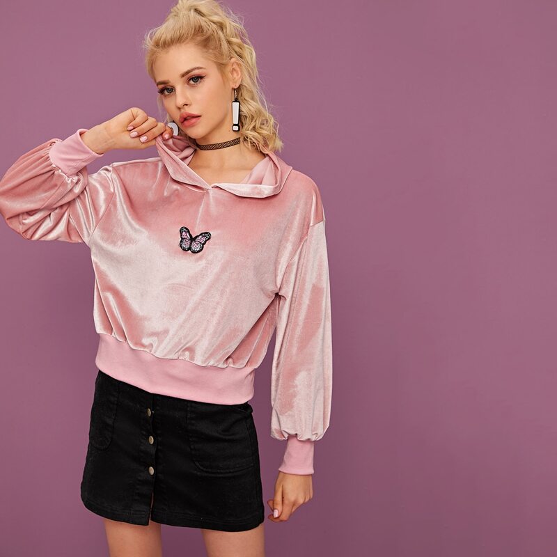 

Butterfly Patched Velvet Hoodie, Pink