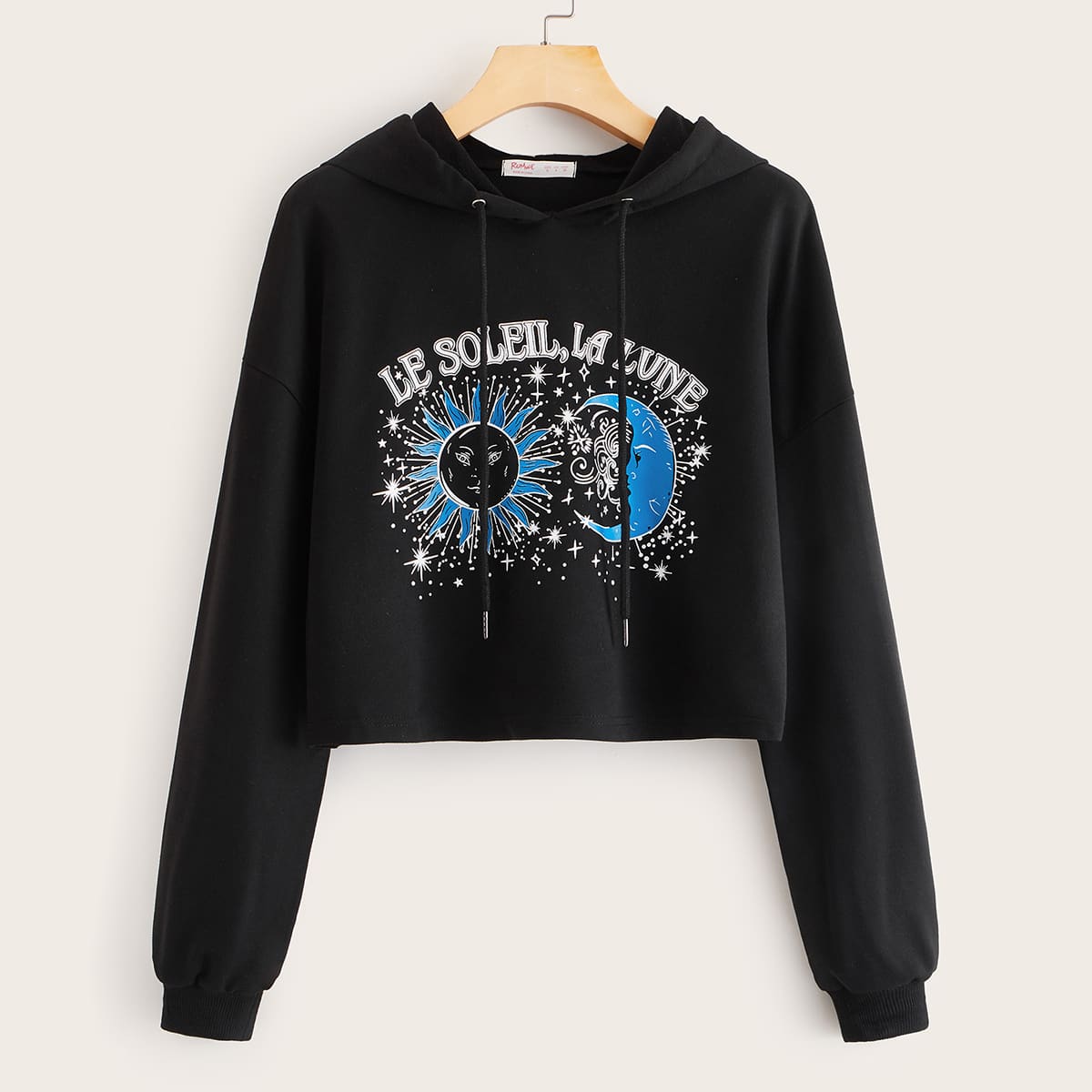 

Galaxy & Letter Graphic Drawstring Crop Hoodie, Black