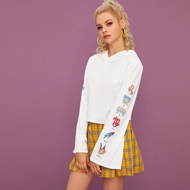 

Graphic Print Sleeve Hooded Sweatshirt, White