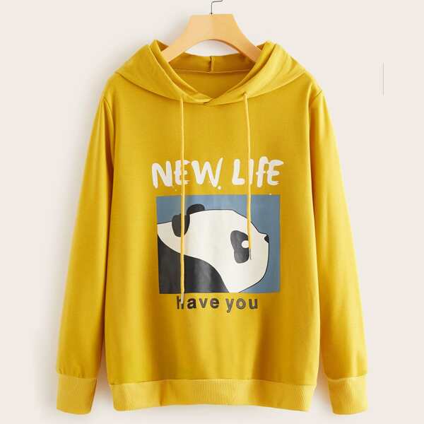 

Letter And Cartoon Graphic Drawstring Hoodie, Yellow