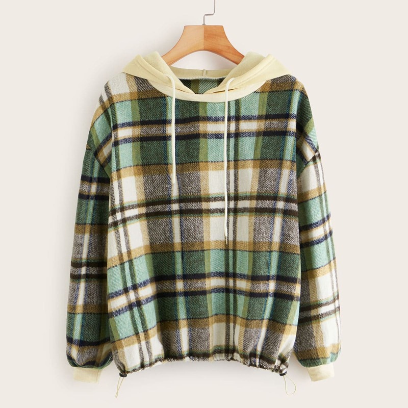 

Plaid Drawstring Drop Shoulder Tweed Hoodie, Multicolor
