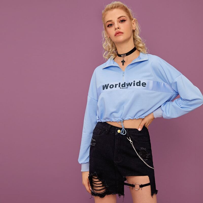 

Letter Graphic Half Zip Drawstring Hem Crop Sweatshirt, Blue